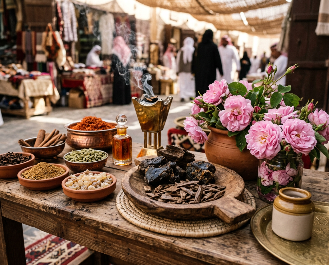 Ingredientes tradicionales de perfumería árabe: oud, rosas de Taif y especias