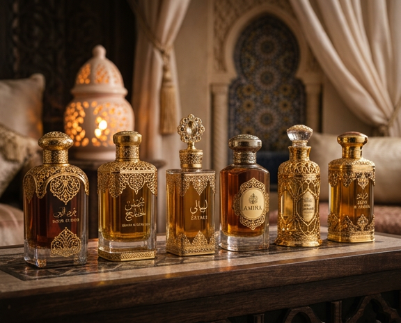Elegante colección de perfumes árabes con detalles dorados