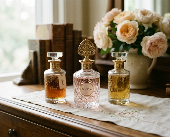 Esencias de oud, ámbar y rosa de Taif en frascos tradicionales