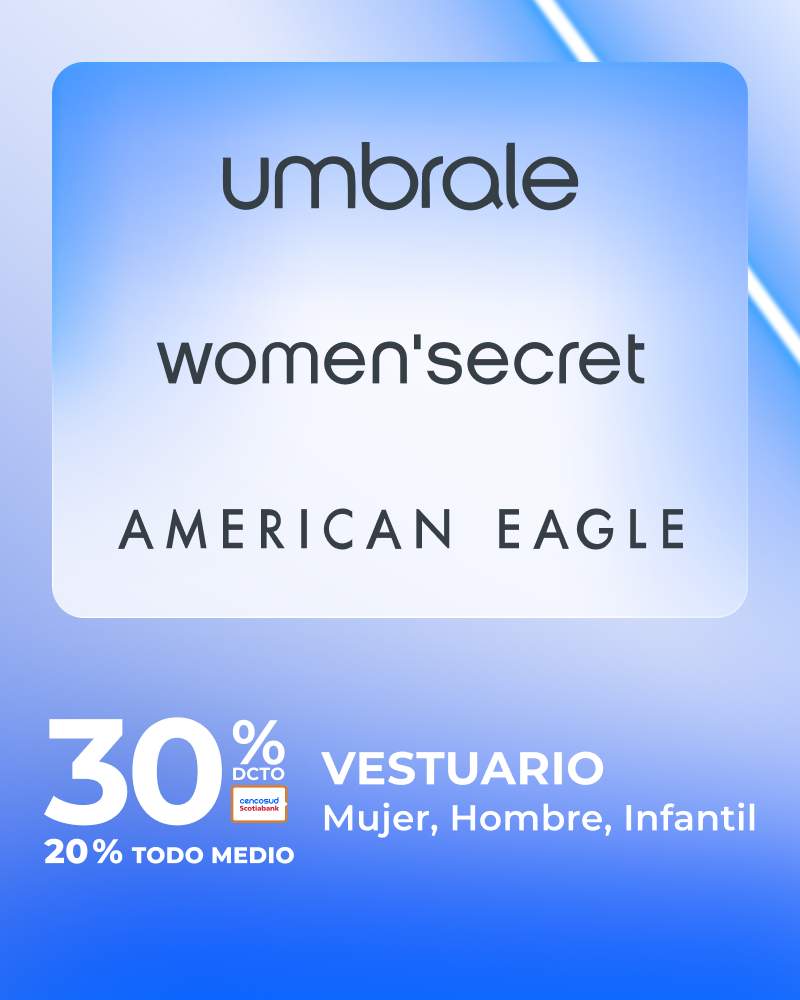 Vestuario 30% Tarjeta de crédito y 20% Todo medio de pago