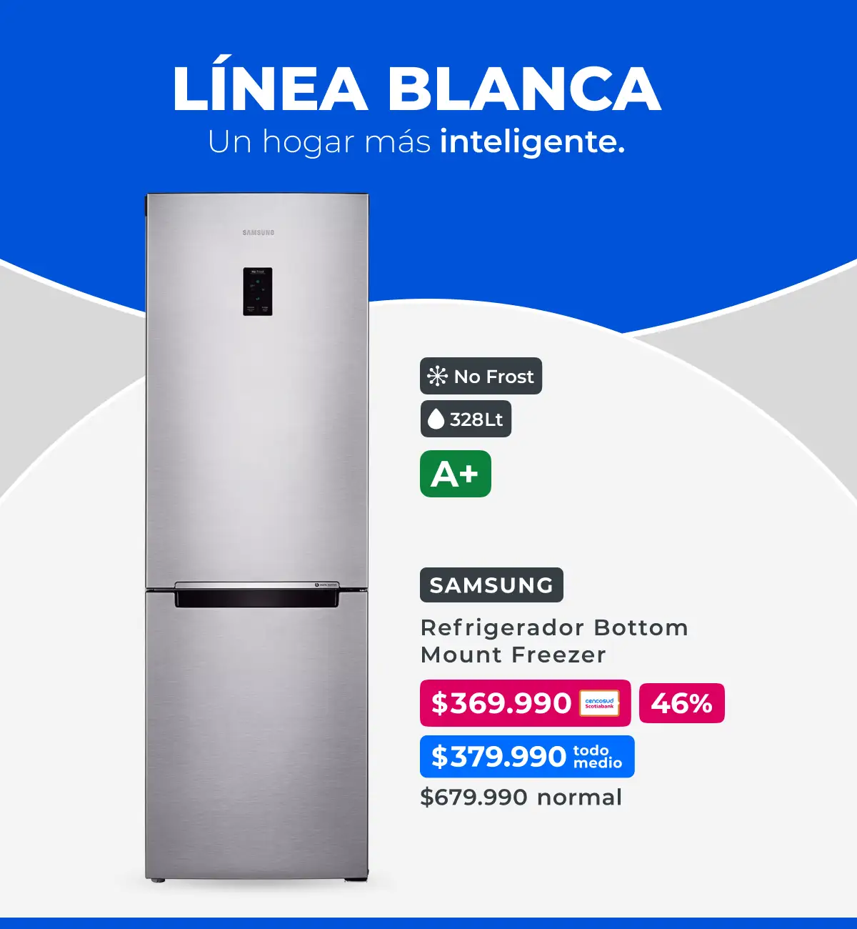 Refrigerador Bottom Mount Freezer 328 Litros No Frost, Lavadora Carga Superior 20 Kg, Secadora Carga Frontal 9 Kg