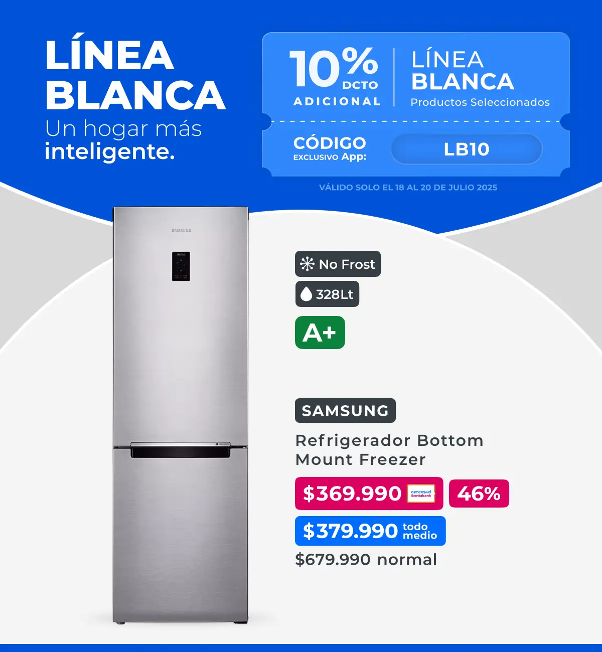 Refrigerador Bottom Mount Freezer 328 Litros No Frost, Lavadora Carga Superior 20 Kg, Secadora Carga Frontal 9 Kg 